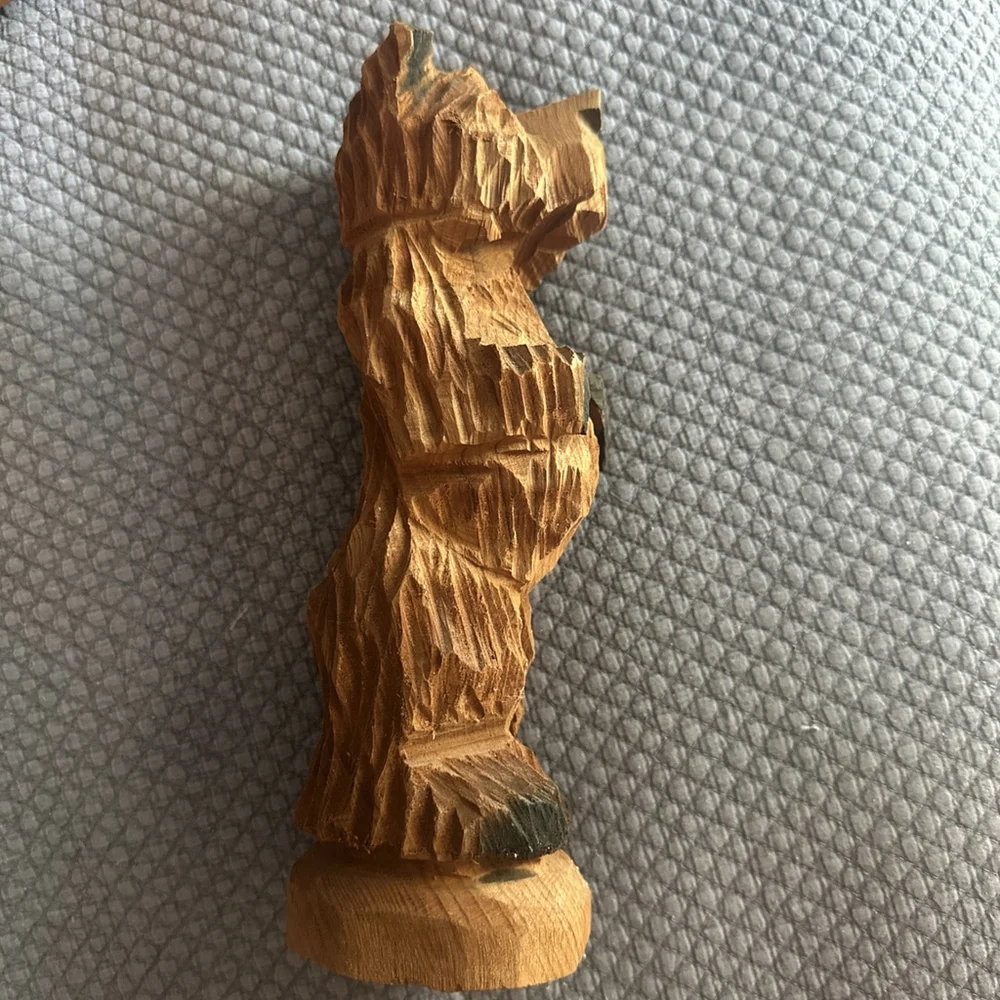 Folk Art Bear Figure Hand Carved Wood Cedar Fence Post 10” Standing Sad Bear